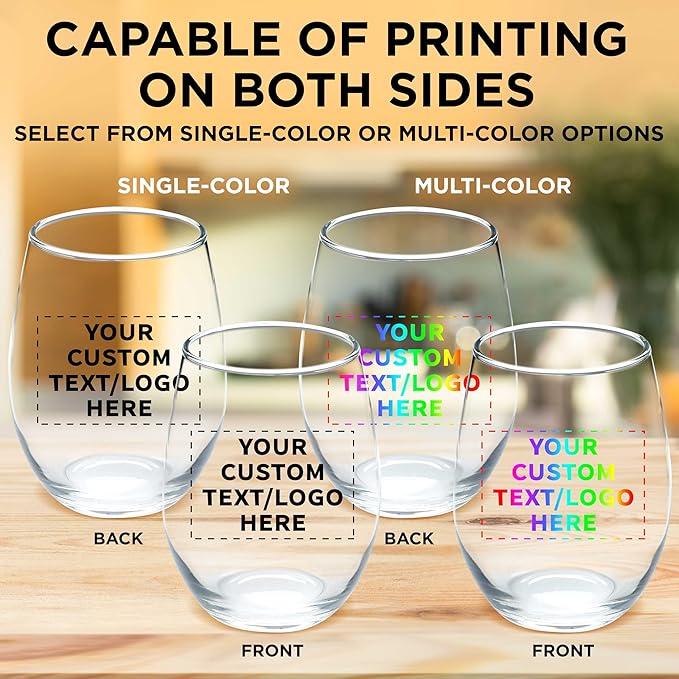 Custom Stemless Wine Glass 9 oz. Set of 50, Personalized Bulk Pack - Great for Wedding Favors, Bachelorette Party Decorations, Party Favors, Color Bottom - Clear