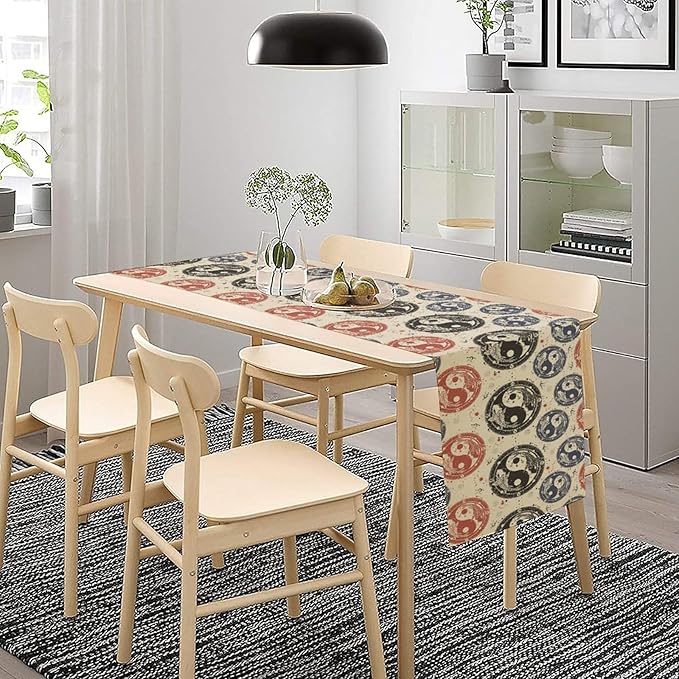 Yin Yang Table Runner, Vintage Mid Century Traditional Oriental Koi Fish Mystical Celestial Moon Stars Print Table Runner for Kitchen Dining Table Party Decor, 13x120inch