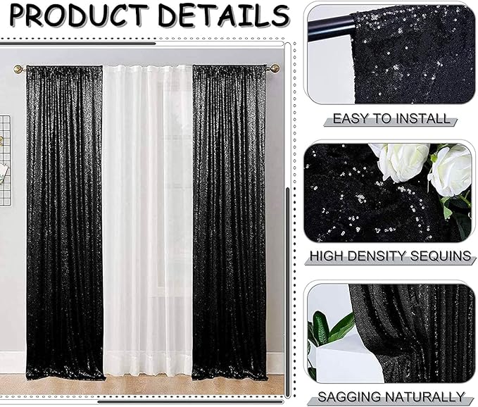 Black Sequin Backdrop Curtains Glitter Drapes 2FTx8FT 2 Panels for Wedding Birthday Party Decorations Bridal Baby Shower Party Supplies Sparkly Photography Background