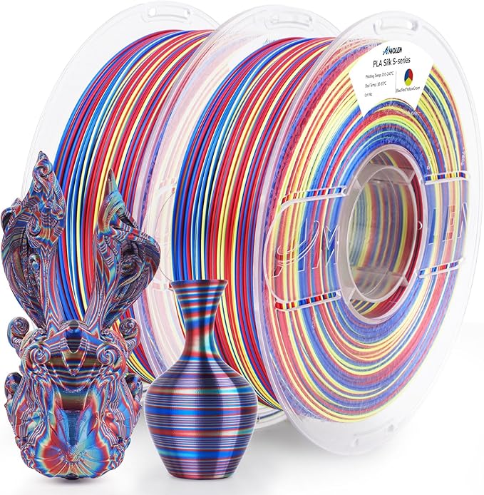 AMOLEN Silk PLA 3D Printer Filament Bundle, PLA Filament 1.75mm Shiny Multicolor Rainbow Pack, Fast Color Change 3D Printing Filament, Blue Red Yellow Green, 1KG X 2 Spools