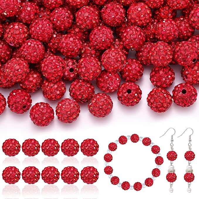 200pcs 10mm Rhinestone Beads for Jewelry Making, Red Shiny Round Disco Ball Beads Bulk, Sparkle Crystal Clay Christmas for Bracelet Baseball Necklace Earring Crafting and DIY