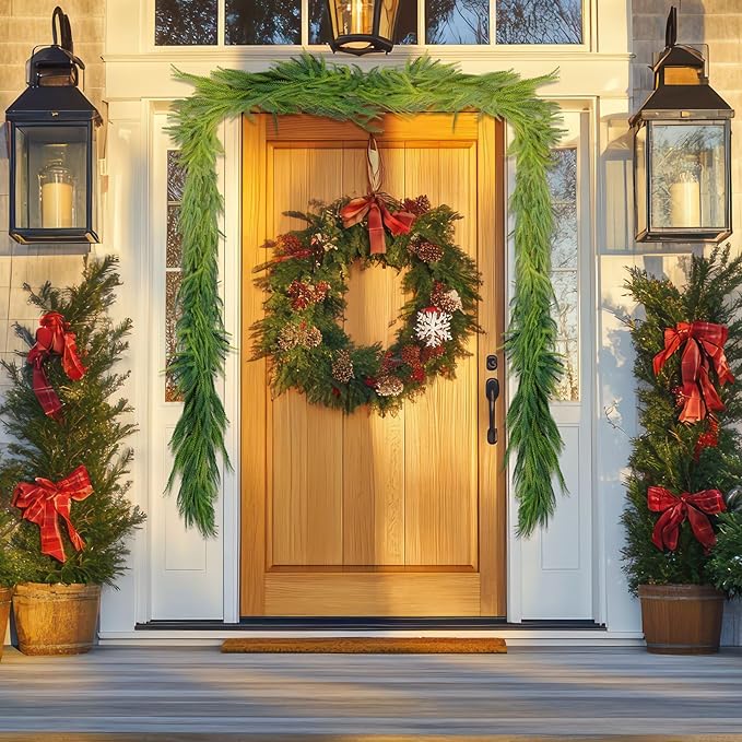 1 Pcs Artificial Norfolk Pine Garlands Christmas, 9 FT Dense Real Touch Winter Pine Garland Ornament, Green Artificial Greenery Garland for Table, Mantle, Wall, Indoor, Outdoor Christmas Decorations