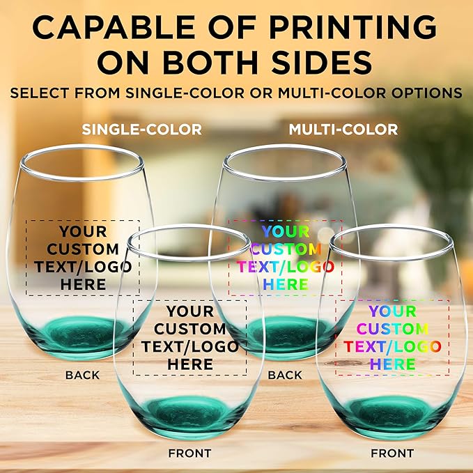 Custom Stemless Wine Glass 9 oz. Set of 10, Personalized Bulk Pack - Great for Wedding Favors, Bachelorette Party Decorations, Party Favors, Color Bottom - Green