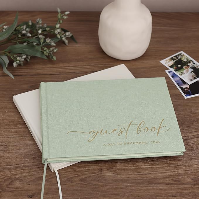 Elegant Guest Book for Wedding Reception, Beautiful Guestbook for Baby Shower and Wedding Decor, 100 Blank Pages for Sign in, Polaroid Pictures and Photos, Linen Cover (2025, Sage)