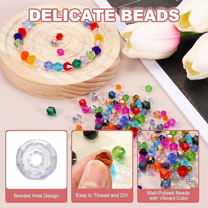 PATIKIL 1000pcs 3mm Bicone Glass Crystal Beads, Faceted Glass Spacer Beads with Box for Jewelry Making Bracelet Necklace Earrings DIY Suncatcher Craft, Colorful White AB