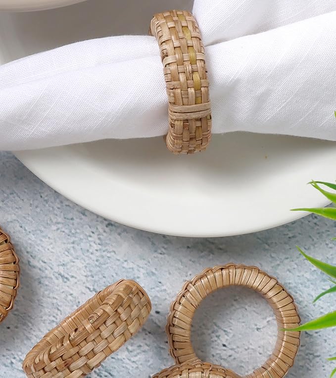 Handcrafted Napkin Ring Set of 12, Unique Cane & Plastic Design, Elegant Tableware, Premium Quality Napkin Ring, Perfect for Dinner Parties, Wedding Decor, Holiday Gatherings (Brown) - CLEENTABLE