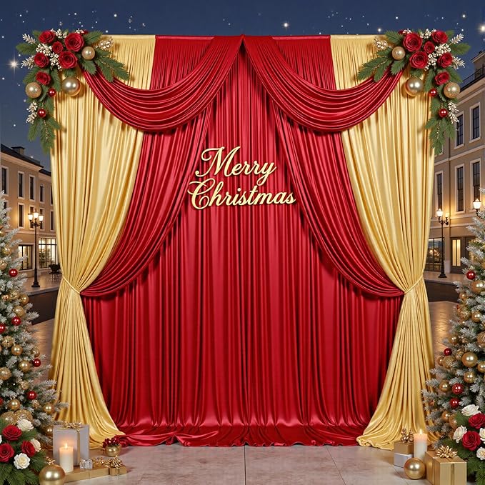 PartyVillage 10x10FT Red Sequin Christmas Backdrop Curtain -2 Panels 5x10FT Wrinkle Free Shimmer Back Drop Cloth, Glitter Backdrop Drapes for Photography, Birthday, Wedding, Christmas Background