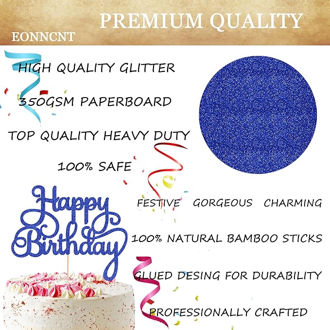 Happy Birthday Cake Topper - Royal Blue Glitter Birthday Party Cake Decoration Supplies - Happy Birthday Cake Decor, for Anniversary/Birthday Party Supplies Photo Booth Props