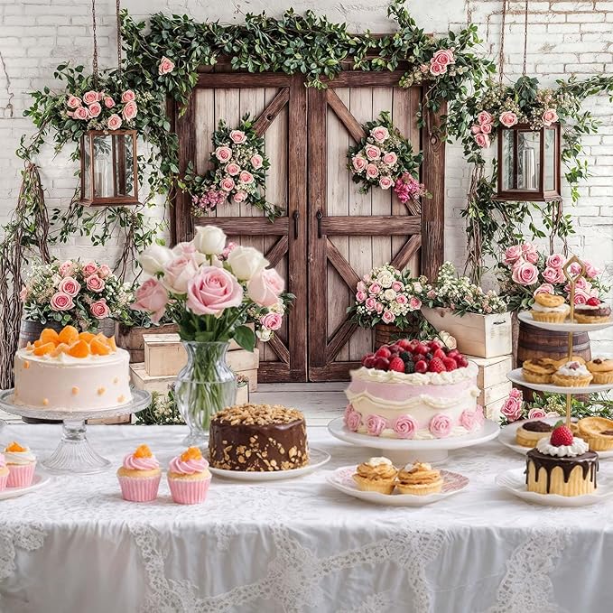 5x3ft Country Wedding Photography Backdrop Floral Rustic Roses Farmhouse Wooden Door Backdrop Pink Flower Birthday Baby Shower Wedding Bridal Party Banner Photo Booth Props Anniversary Background