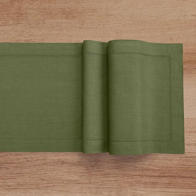 Solino Home Olive Linen Table Runner 156 Inches Long - 100% Pure Linen Classic Hemstitch Table Runner 14 x 156 Inch for Wedding, Parties, Fall, Autumn, Thanksgiving
