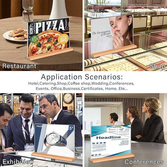 Kersally Acrylic Sign Holder 6 x 4, 6 Pack Double-Sided Clear Table Display Stands with Wood Base,Horizontal Acrylic Frame Menu Flyer Paper Holder for Store, Restaurant, Hotel, Office, Show Fair