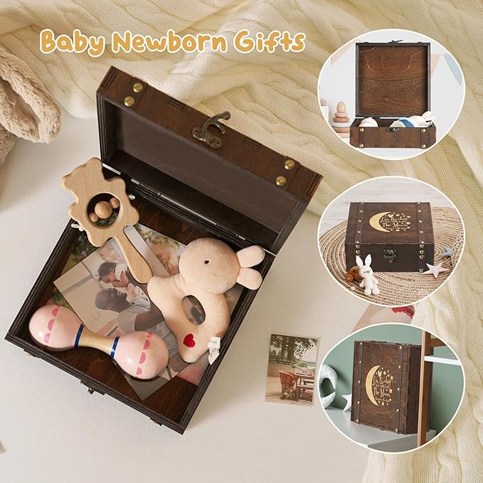 AW BRIDAL Baby Keepsake Box Engraved Wood Memory Box for Baby Newbron Girls Boys Stroage Box with Lid Baby Shower Gifts Wood Storage Box