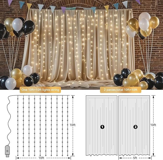 10×10ft Tulle Backdrop Curtains with Lights String - 300LED Fairy Lights Sheer Curtain Backdrop for Weddings Baby Shower and Birthday Party Decorations(8 Panels 5×10ft)