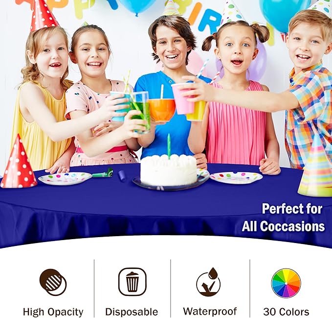 Party Solids Pack Of 12 Premium Plastic Tablecloth 84 Inch Round Table Cover - Navy Blue
