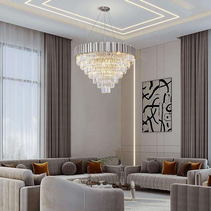 39" Silver Crystal Chandelier, 21-Light Modern Luxury Round Chandelier, 7-Tier Contemporary Tiered Chandeliers Light Fixture for Dining Room, Living Room, Bedroom, Foyer, Entryway, Kitchen