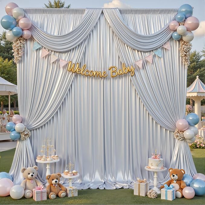 PartyVillage 20x10FT Silver Sequin Backdrop Curtain -4 Panels 5x10FT Wrinkle Free Shimmer Back Drop Cloth, Glitter Backdrop Drapes for Photography, Birthday, Wedding, Graduation Background