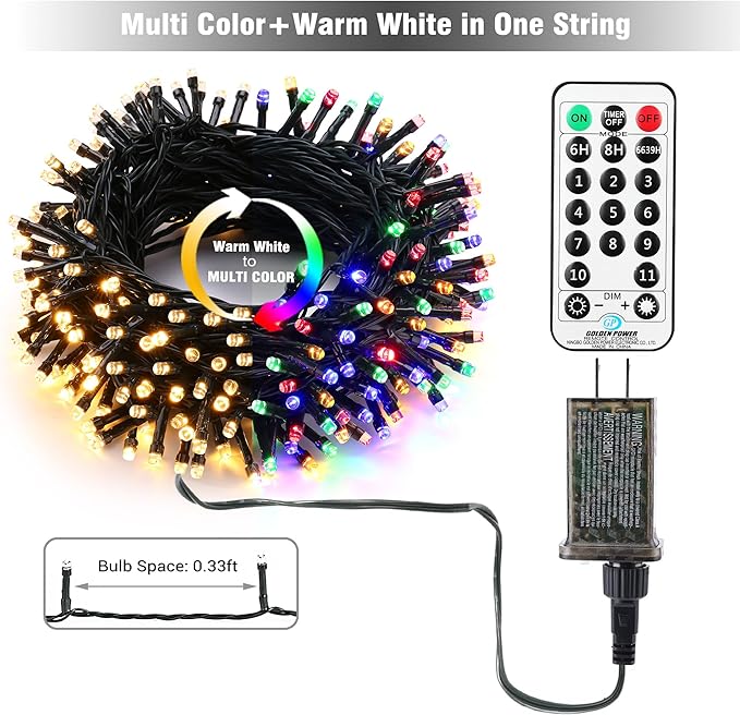 BrizLabs Christmas Lights, 180ft 500 LED Color Changing Christmas Lights with Remote Timer, 11 Modes Warm White & Multicolor LED Light String, Dimmable Decorative Xmas Light for Indoor Outdoor Tree