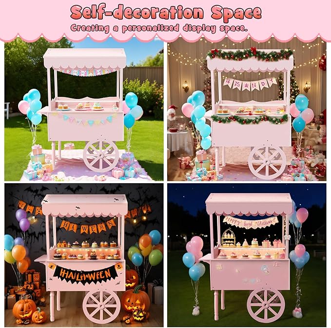 7FT Candy Cart Display Stand with Decorated Wheels, Dessert and Party Decoration Cart with 100 Ballons, Easy to Install Vintage for Parties, Birthdays, Weddings, (pink)