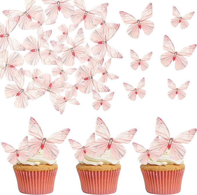 Ephlyn 72Pcs Edible Butterflies for Cake Decorating Pink Butterfly Cake Decorations Pink Butterflies Cupcake Toppers for Wedding Birthday Anniversary Flower Themed Party Supplies