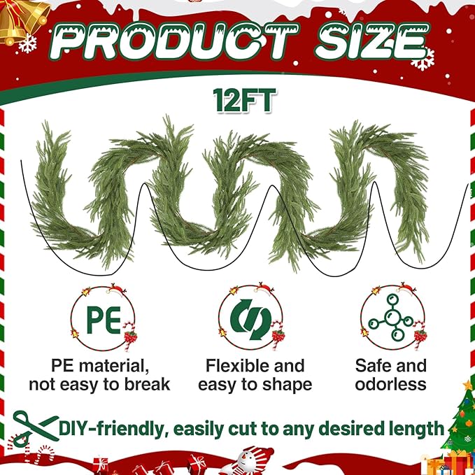 12ft Christmas Norfolk Pine Garland - Real Touch Artificial Greenery Cedar Garland for Xmas Fireplace Mantle Table Window Home Holiday Decoration