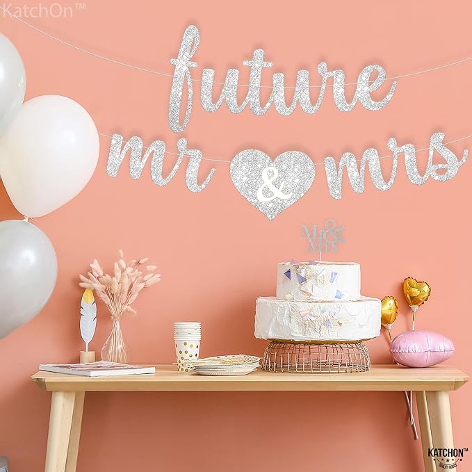 KatchOn, Silver Glitter Future Mr & Mrs Banner - 10 Feet, Pre-Strung, No DIY | Future Mr and Mrs Banner | Engagement Party Decorations | Bachelorette Party Decorations, Bridal Shower Decorations
