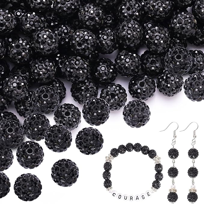 150 pcs 10mm Rhinestone Beads for Jewelry Making, Black Shiny Round Shamballa Disco Beads Bulk, Sparkle Crystal Clay Christmas for Bracelet Baseball Necklace Earring Crafting and DIY