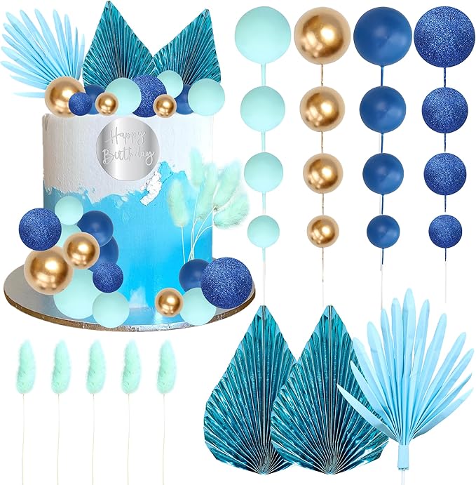 Ephlyn 33 Pack Balls Cake Toppers Boho Palm Leaves Cake Decorations Round Acrylic Happy Birthday Cupcake Toppers for Birthday Wedding Baby Shower Party Supplies Blue