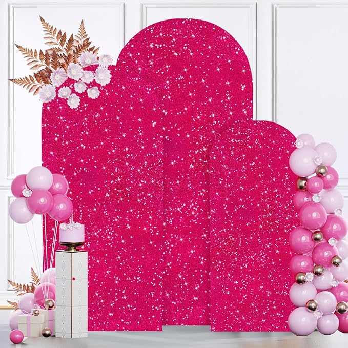 MODFUNS Metal Arch Backdrop Stand and Cover Set 4&5&6ft Hot Pink Sequins Arch Cover Gold Arch Frame with Covers Double Sided Arch Backdrop Covers for Wedding Banquet Reception Party Decor