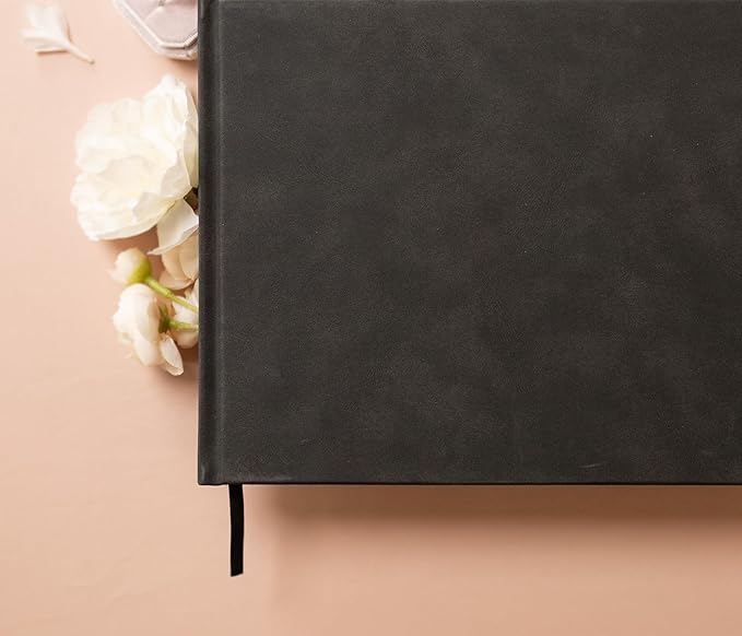 MUUJEE Personalized Guestbook in Charcoal - Premium Custom Modern Guest Book for Wedding Reception, Birthday Party or Events w/Bookmark Blank Pages for Signing 11.5 x 8.5 inches
