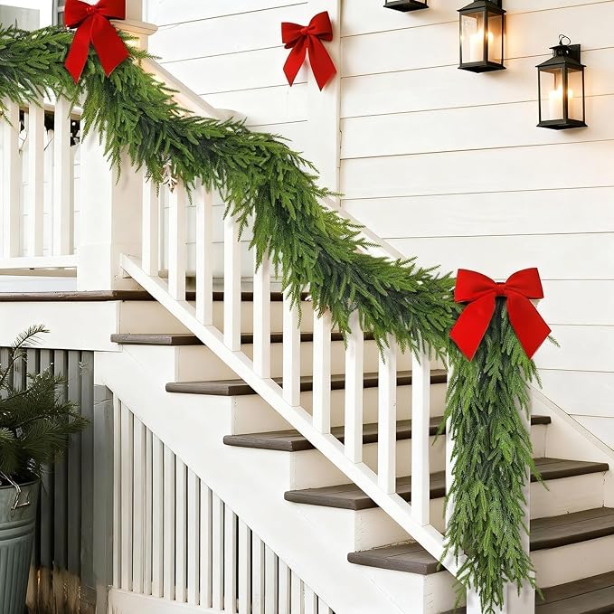 9FT Christmas Artificial Norfolk Pine Garland for Fireplace - Realistic Faux Greenery Fake Garland for Holiday,Table, Window,Mantel,Stairs, Home,Indoor Outdoor Decor (1PCS)