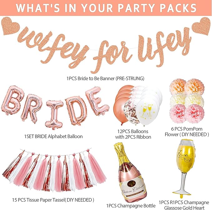 Rose Gold Bachelorette Party Decorations Bridal Shower Decoration Kit with Wifey for Lifey Banner,Champagne Glass Foil Balloons,Bride Foil Balloon,Paper Pom Poms, Tassel Party Supplies