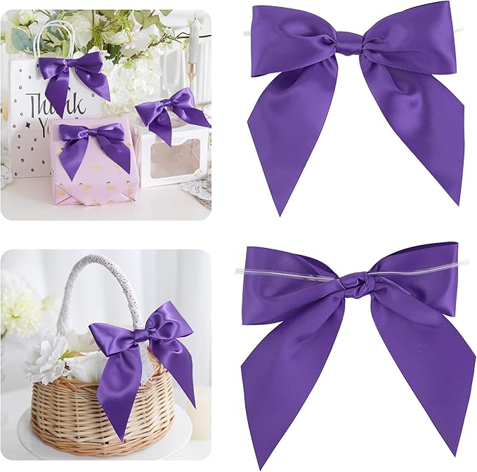 AIMUDI Purple Satin Bows 5.5" Bows for Gift Wrapping Satin Twist Tie Bows Premade Ribbon Bows for Treat Bags Invitations Baskets Crafts Wreaths Wedding Birthday Baby Shower Party Decorations, 24 PCs