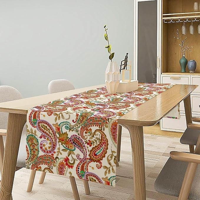 Colorful Paisley Table Runner, Boho Vintage Pink Red Teal Floral Leaves Print Table Runner for Home Kitchen Dining Table Holiday Party Decor, 13x70inch
