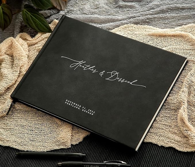 MUUJEE Personalized Guestbook in Charcoal - Premium Custom Modern Guest Book for Wedding Reception, Birthday Party or Events w/Bookmark Blank Pages for Signing 11.5 x 8.5 inches