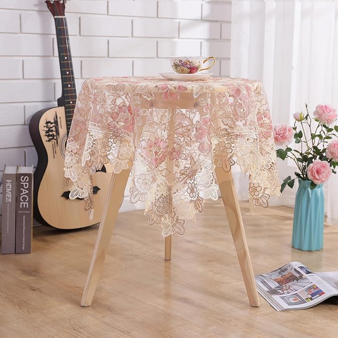Lace Floral Tablecloth Vintage Round Tablecloth Decorative Exquisite Border Table Cover for Party Wedding Home Decorations, Round-48, Pink
