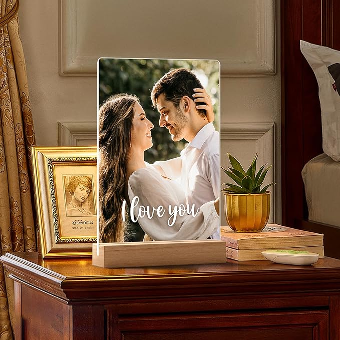 Custom Picture Frames with Photo, Personalized Photo Frame with Night Light, Customized Picture Frame, Personalized Anniversary Couple Gifts for Women Men Her Him Boyfriend Girlfriend