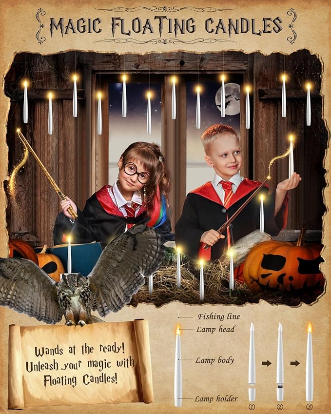 Floating Candles with Wand - 18 Pcs Halloween Decorations Magic Flameless Candles Flickering Warm Light Battery Operated LED Hanging Candles for Christmas Window Bedroom Birthday Party Decor
