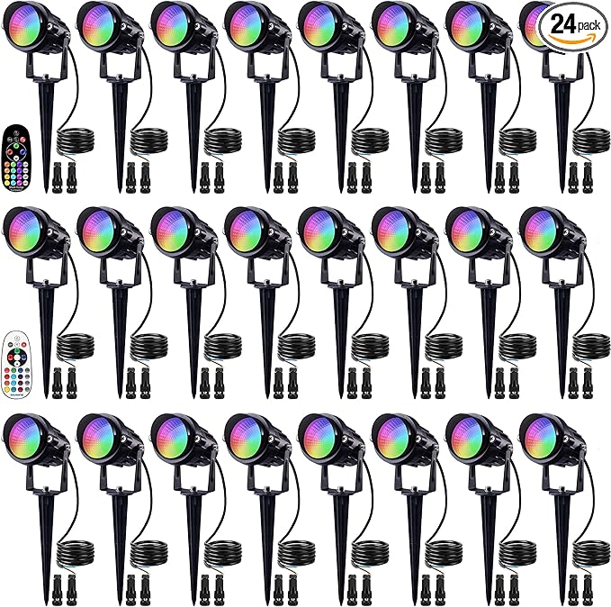 SUNVIE 24 Pack Halloween RGBW Low Voltage Landscape Lights 12W LED Color Changing Landscape Lighting with Remote Control and Wire Connectors, AC/DC 12V-24V Waterproof Outdoor Spotlight for Yard Garden