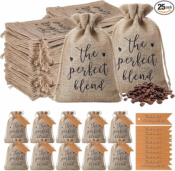 Fumete 25 Sets Wedding Coffee Party Favors for Guests the Perfect Blend Coffee Bean Bags Kraft Thank You Cards Organizer Reusable Burlap Bag and Twine Bridal Shower Souvenirs Gift, No Beans