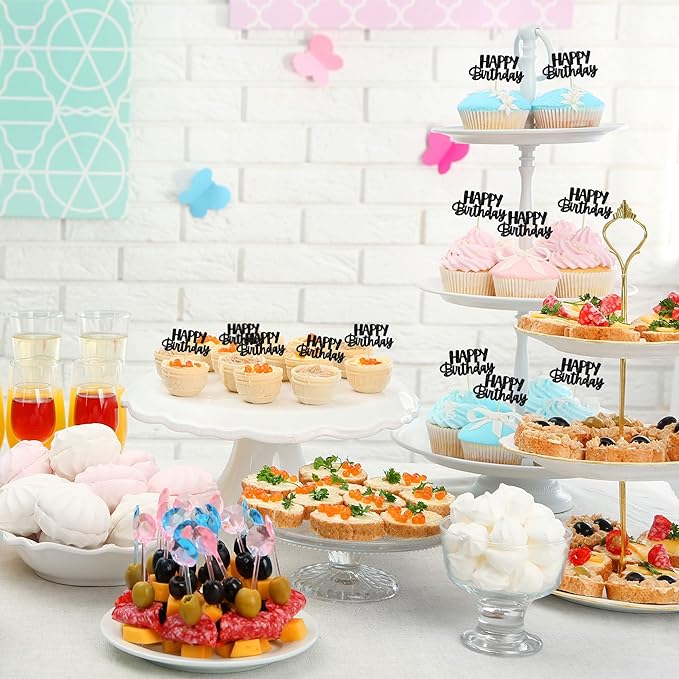 Gyufise Happy Birthday Cupcake Toppers Black Glitter Birthday Cake Topper Picks Dessert Topper Decoration for Birthday Party Anniversary Celebration