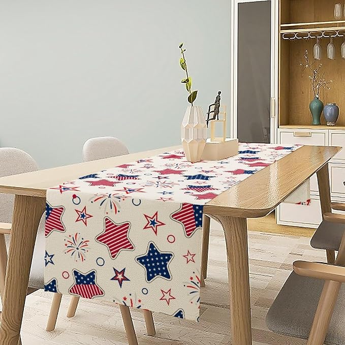 4th of July Table Runner, American Patriotic Independence Day Red Blue White Stars Stripes Fireworks Print Table Runner for Home Party Decor Kitchen Dining Table, 13x70inch