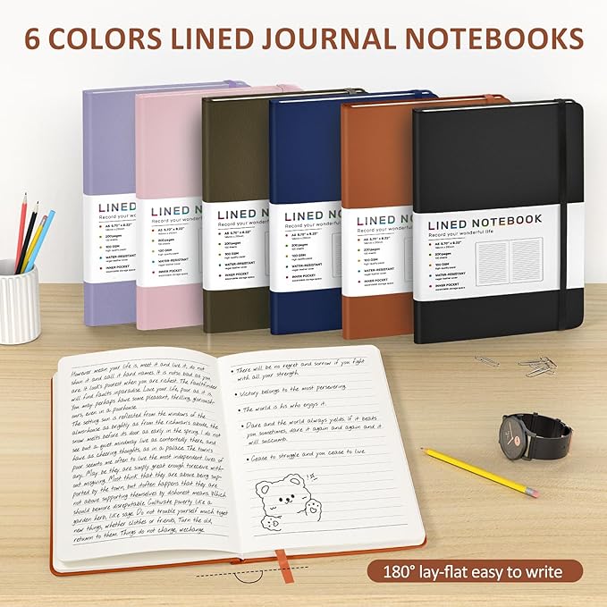 Lined Journal Notebook for Women Men, 200 Pages A5 Hardcover Leather Journals 5.7” x 8.3”, A5 College Ruled Notebooks with 100 GSM Thick Paper for Writing,Travel,School,Office,Work,Business(Brown)