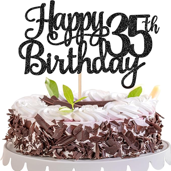 1 PCS Happy 35th Birthday Cake Topper Glitter Cheers to 35 Years Birthday Cake Pick 35 Fabulous Cake Decoration for Happy 35th Birthday Theme Party Decorations Supplies Black