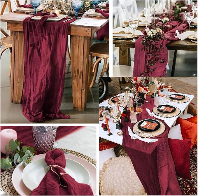 Burgundy 12 Pack Cheesecloth Table Runner 10FT Rustic Gauze Cheese Cloth Table Runner for Wedding Bridal Baby Shower Table Decor 20 x 120 Inch Long Boho Fabric Sheer Birthday Party Table Decorations