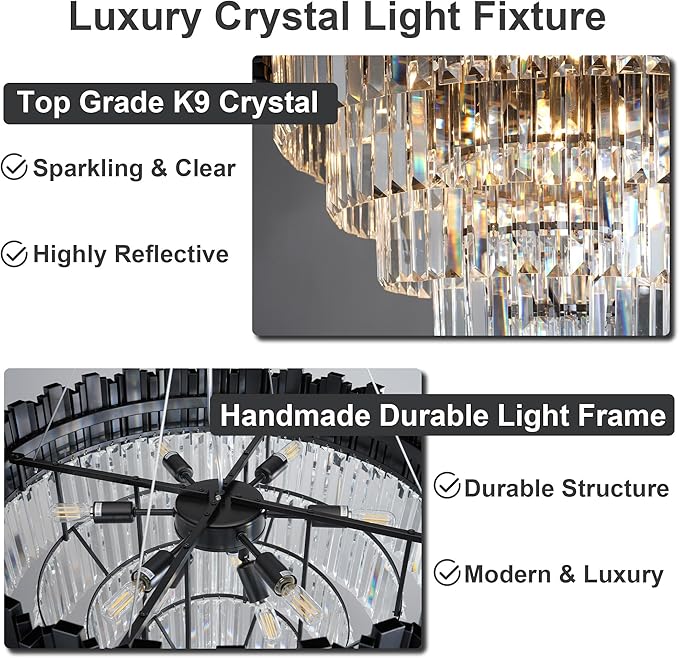 27.5" Black Crystal Chandelier, 9-Light Modern Luxury Round Chandelier, 5-Tier Contemporary Tiered Chandeliers Light Fixture for Dining Room, Living Room, Bedroom, Foyer, Entryway, Kitchen