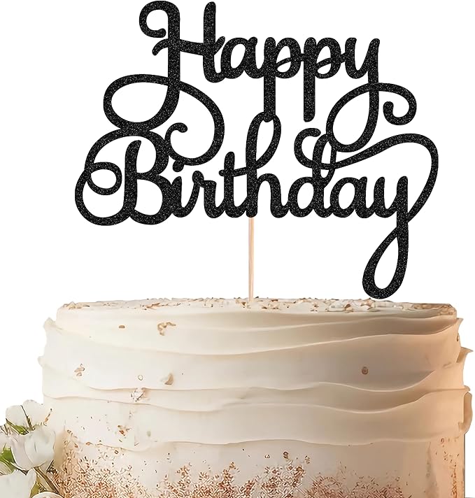 Happy Birthday Cake Topper - Black Glitter Birthday Party Cake Decoration Supplies - Happy Birthday Cake Decor, for Anniversary/Birthday Party Supplies Photo Booth Props