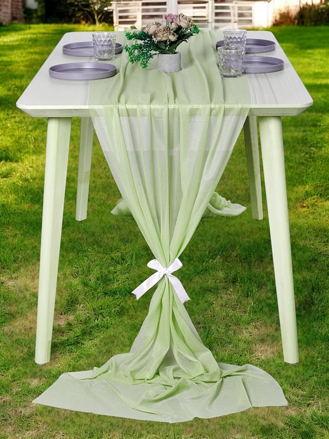 MDS 2 Pack 14ft Chiffon Table Runner 29 x 170 Inches Sheer Wedding Runner Romantic Rustic Table Runner for Wedding Decorations, Birthday Parties, Bridal Shower Party Arch Decor - Sage Green