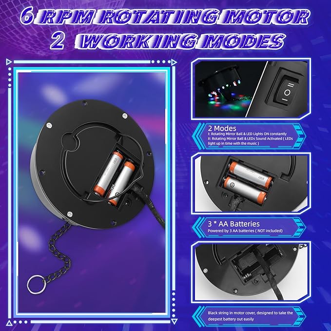 Disco Ball with Motor and Light, 8" Hanging Mirror Ball and 6RPM Batteries Powered Rotating Motor with 4 Light Colors and 18 LEDs for Disco Party Decoration, DJ Club