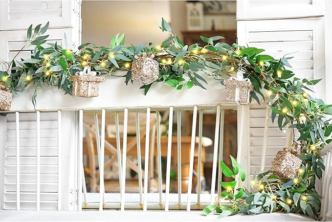 Artificial Willow Garland with Lights & Ornaments – 2-Pack Lighted Greenery Vine, Battery Fairy Lights with Remote & Timer for Mantels, Weddings, Fireplace, Holidays, Parties & Everyday Home Decor