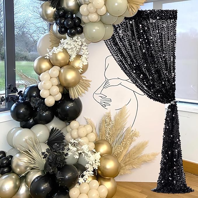 Black Big Payette Sequin Backdrop - 2 Pieces 4ftx8ft Birthday Party Reception Photo Booth Backdrop Curtains Drapes Fabric
